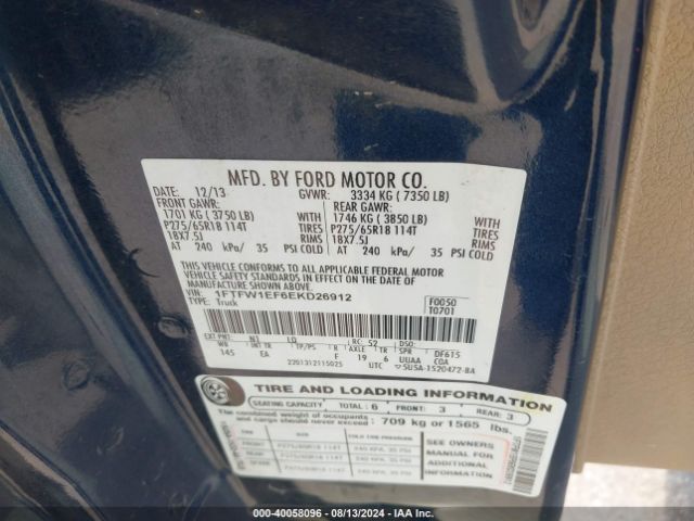 Ford F-150 Lariat 2014 1FTFW1EF6EKD26912 Image 9