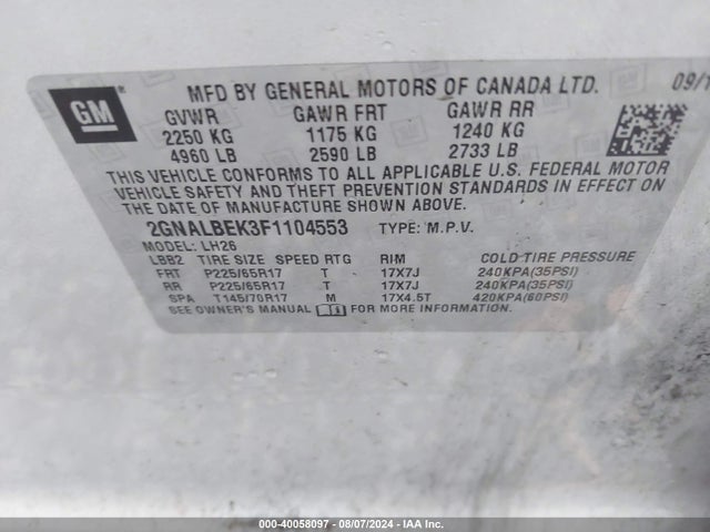 Chevrolet EQUINOX 1LT 2015 2GNALBEK3F1104553 Image 9