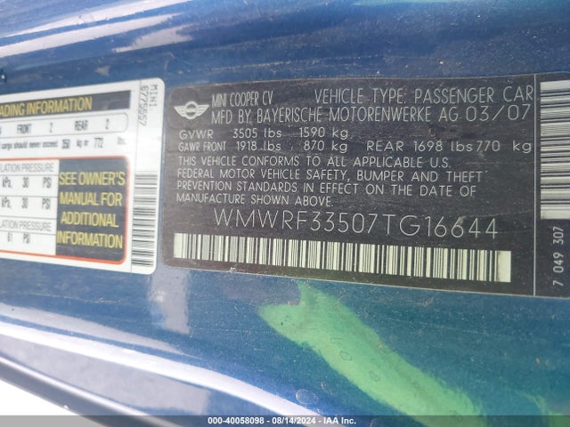 2007 MINI COOPER WMWRF33507TG16644 Photo 8