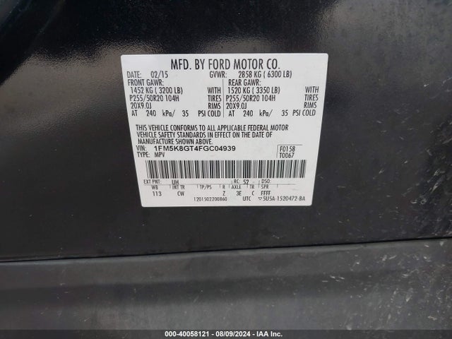 Ford EXPLORER SPORT 2015 1FM5K8GT4FGC04939 Image 9