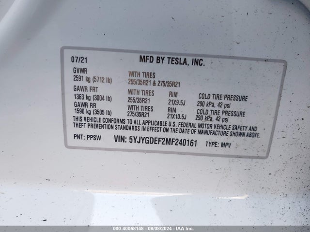 2021 TESLA MODEL Y 5YJYGDEF2MF240161 Photo 8
