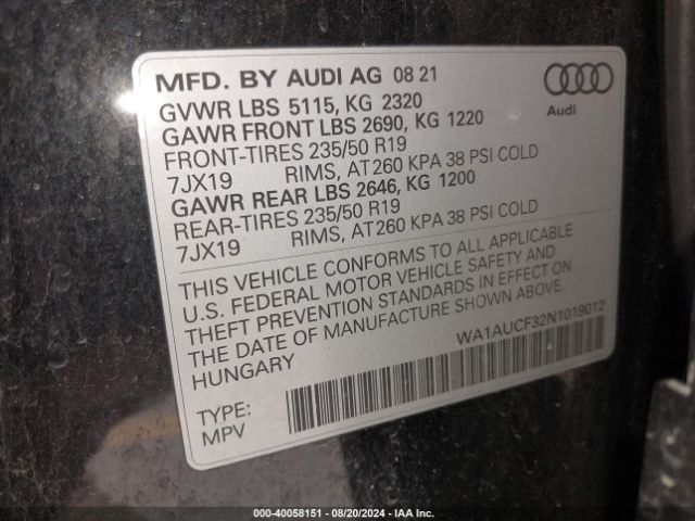 WA1AUCF32N1019012 Audi Q3 Premium 40 Tfsi Quattro Tiptronic