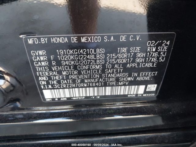 3CZRZ2H70RM768401 Honda Hr-v Awd Ex-l/awd Ex-l W/o Bsi
