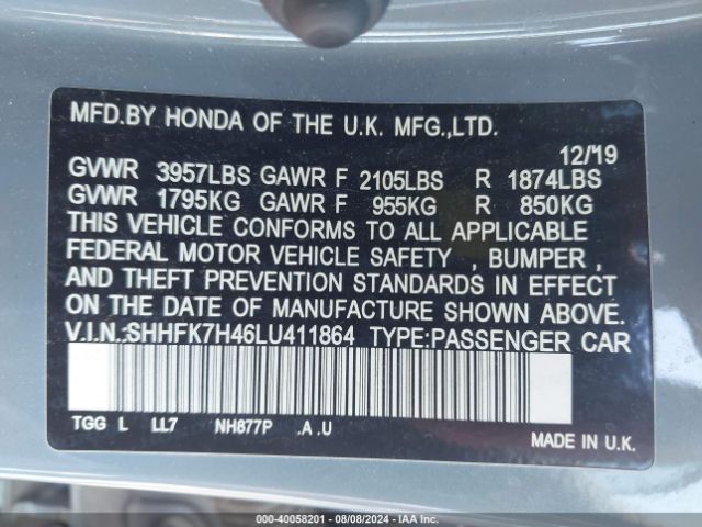 SHHFK7H46LU411864 Honda Civic Sport