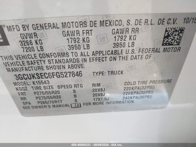 Chevrolet Silverado 1500 1lz 2015 3GCUKSEC6FG527846 Image 9
