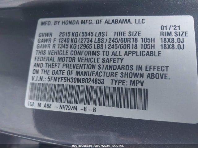 Honda Pilot 2wd Ex 2021 5FNYF5H30MB024853 Image 9