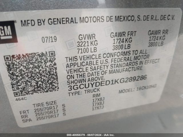 3GCUYDED1KG289286 Chevrolet Silverado 1500 Lt