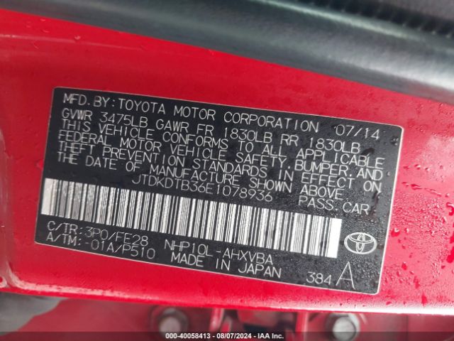 JTDKDTB36E1078936 Toyota Prius C One