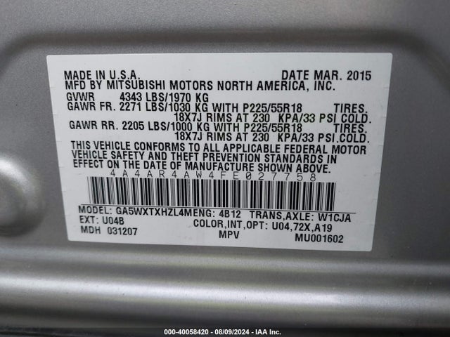 4A4AR4AW4FE027758 Mitsubishi Outlander Sport Gt