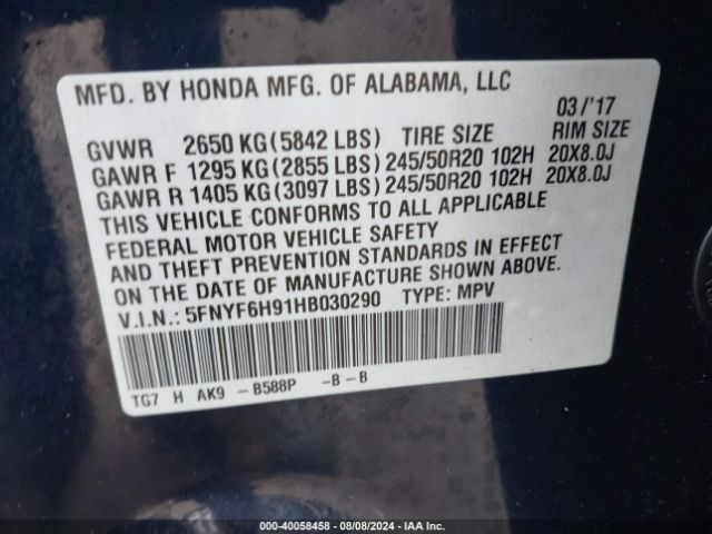 5FNYF6H91HB030290 Honda Pilot Touring