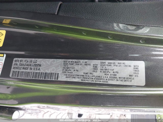 Jeep Gladiator Sport 4x4 2020 1C6HJTAG4LL205294 Image 9