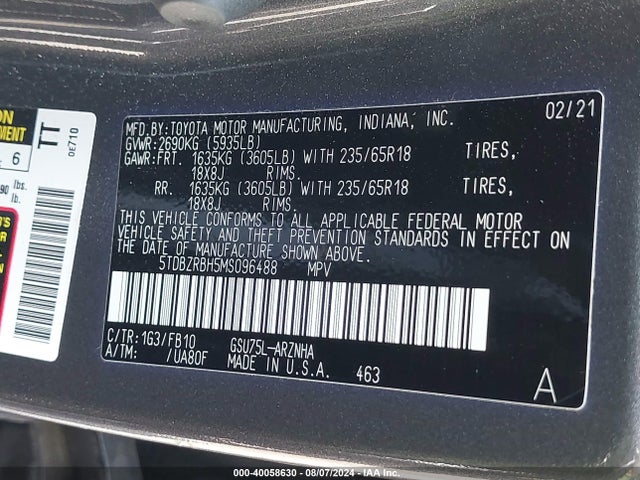 Toyota Highlander Le 2021 5TDBZRBH5MS096488 Image 9