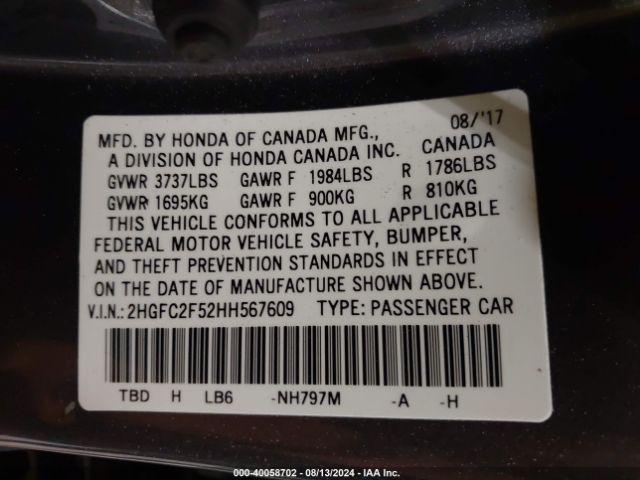 2HGFC2F52HH567609 Honda Civic Lx