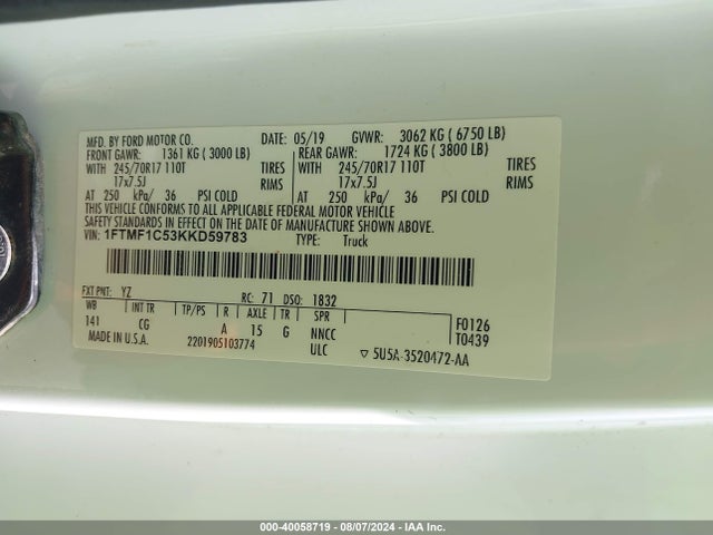 Ford F-150 Xl 2019 1FTMF1C53KKD59783 Image 9