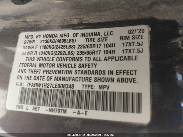 Honda Cr-v 2wd Lx 2020 7FARW1H27LE008348 Image 9