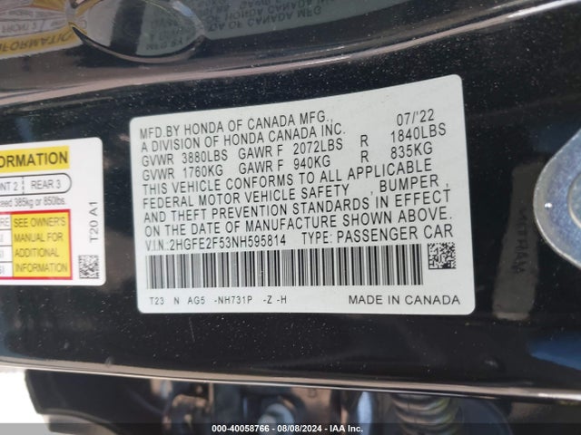 Honda Civic Sport 2022 2HGFE2F53NH595814 Image 9