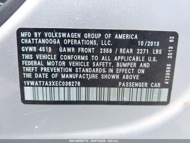 1VWAT7A3XEC036276 Volkswagen Passat 1.8t Wolfsburg Edition