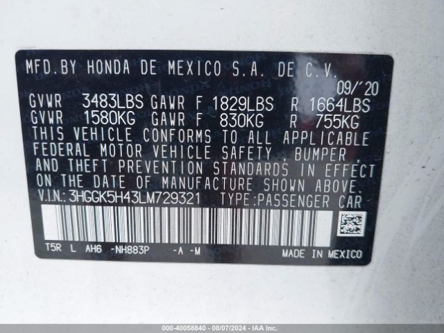 3HGGK5H43LM729321 Honda FIT LX