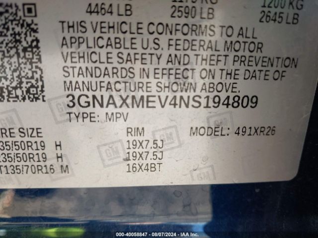 3GNAXMEV4NS194809 Chevrolet Equinox Fwd Rs