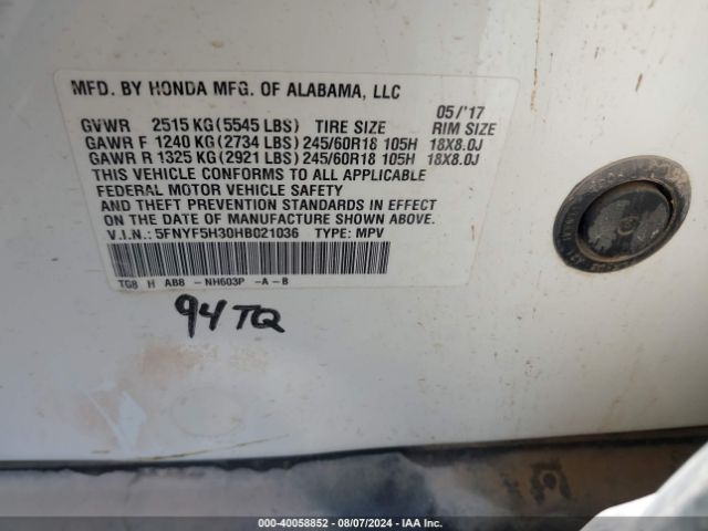 5FNYF5H30HB021036 Honda Pilot Ex