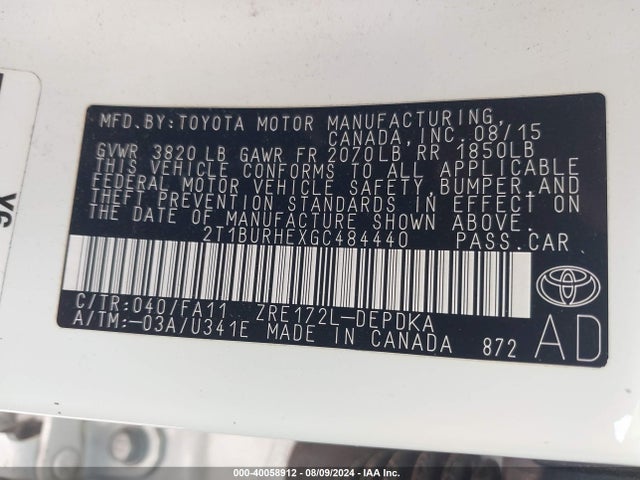 Toyota COROLLA L 2016 2T1BURHEXGC484440 Image 9