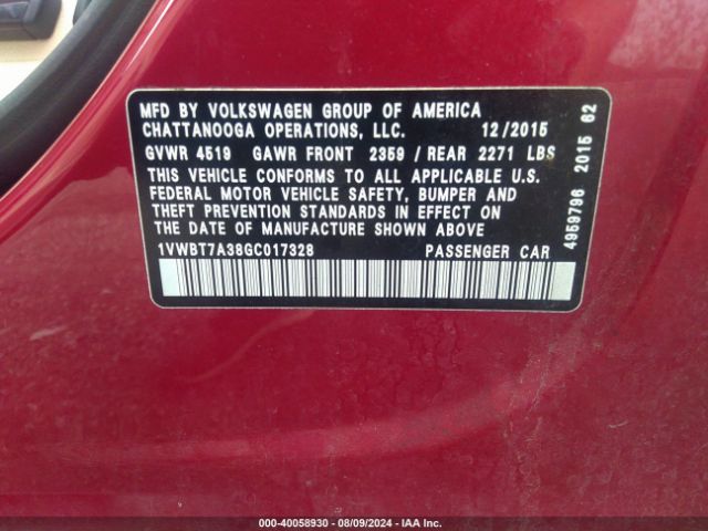 1VWBT7A38GC017328 Volkswagen Passat 1.8t Se