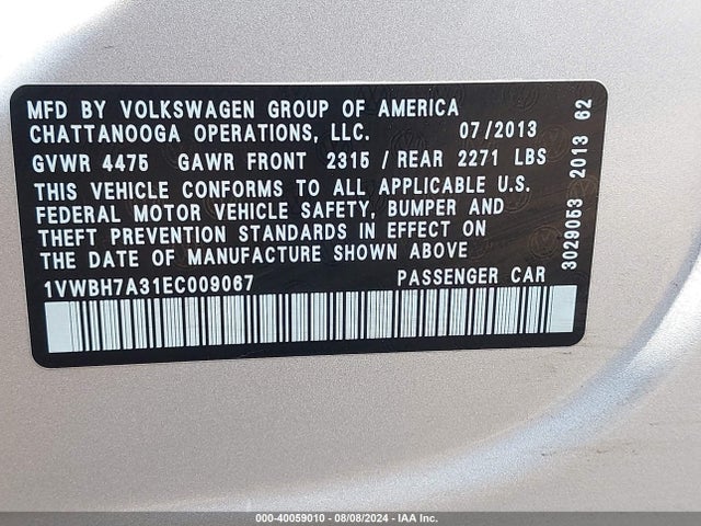 1VWBH7A31EC009067 Volkswagen Passat 2.5l Se