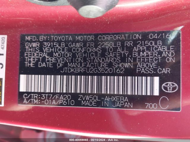 JTDKBRFU2G3520162 Toyota Prius Two