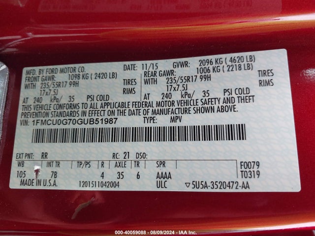 Ford ESCAPE SE 2016 1FMCU0G70GUB51987 Image 9