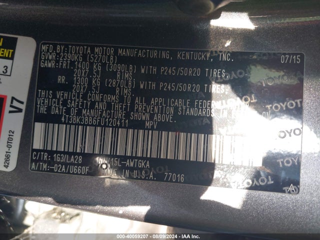 Toyota Venza Xle V6 2015 4T3BK3BB6FU120411 Image 9