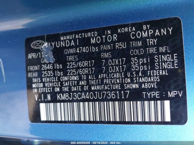 KM8J3CA40JU736117 Hyundai TUCSON SEL