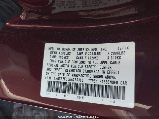 Honda ACCORD LX 2014 1HGCR2F30EA220306 Image 9