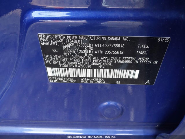 Toyota Rav4 Limited 2015 2T3DFREV1FW285580 Image 9