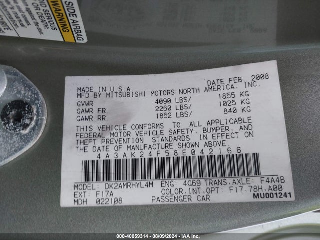 2008 MITSUBISHI ECLIPSE 4A3AK24F58E042166 Photo 8