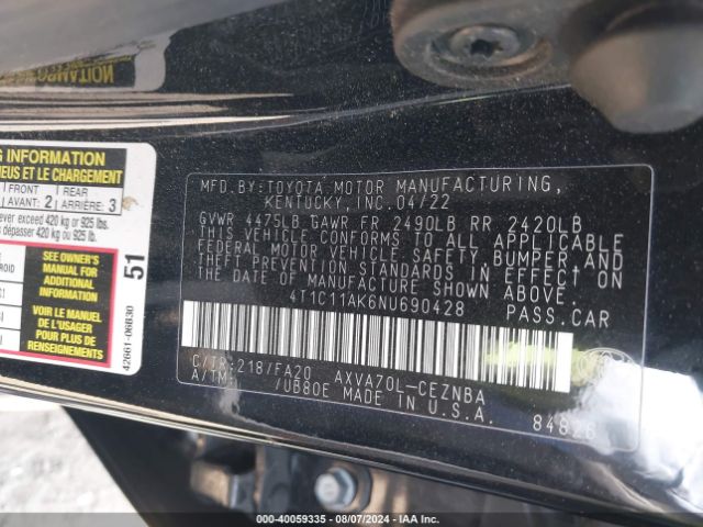 4T1C11AK6NU690428 Toyota CAMRY LE