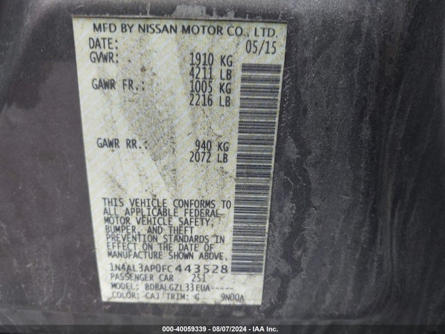 1N4AL3AP0FC443528 Nissan Altima 2.5/s/sv/sl