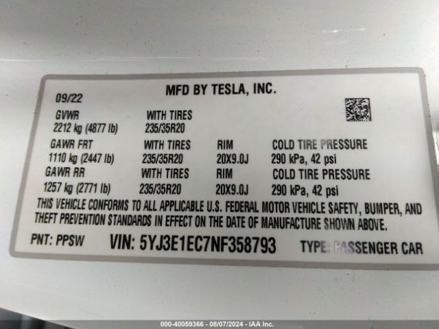 5YJ3E1EC7NF358793 Tesla Model 3 Performance Dual Motor All-wheel Drive