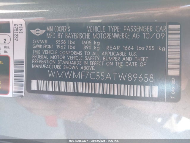 2010 MINI COOPER S WMWMF7C55ATW89658 Photo 8