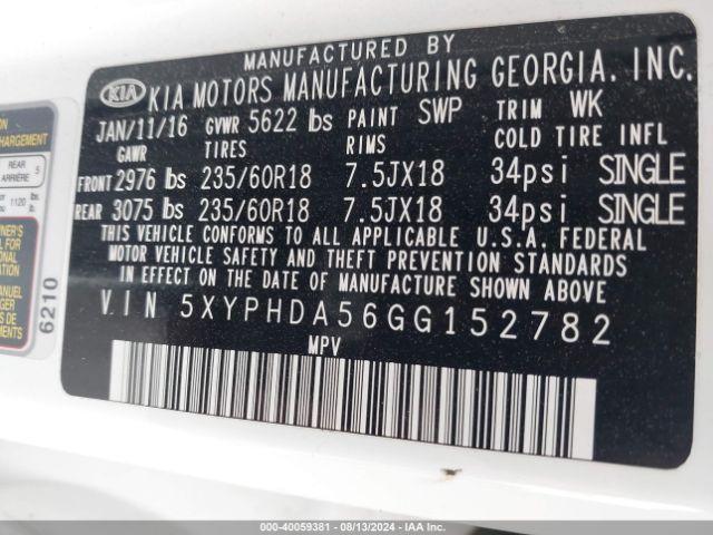 5XYPHDA56GG152782 KIA Sorento 3.3l Ex