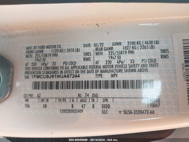 Ford Escape Titanium 2022 1FMCU9J91NUA87244 Image 9