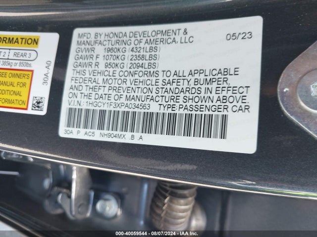40059544 :رقم المزاد ، 1HGCY1F3XPA034563 vin ، 2023 Honda Accord Ex مزاد بيع