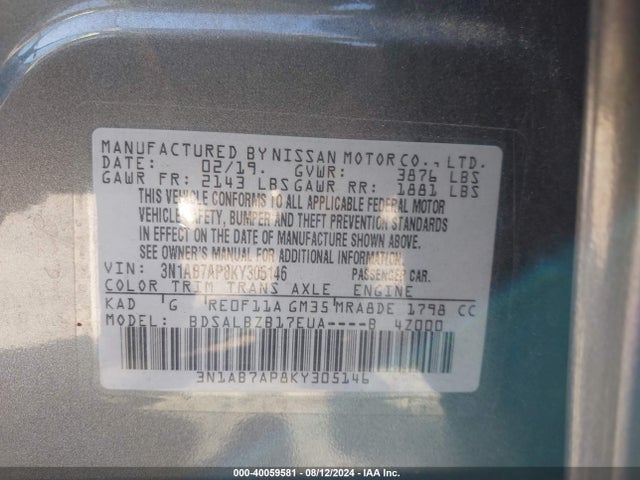 Nissan SENTRA S 2019 3N1AB7AP8KY305146 Image 9