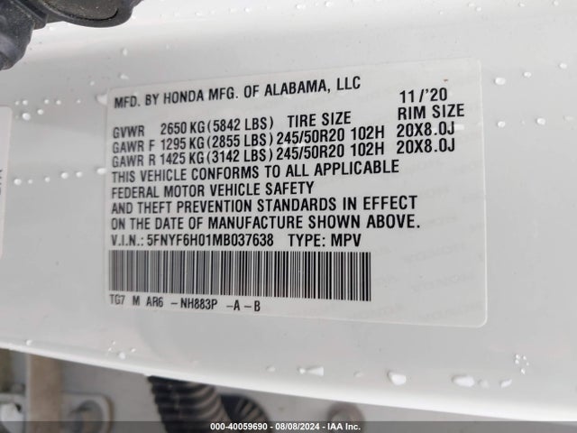 Honda Pilot Awd Elite 2021 5FNYF6H01MB037638 Image 9