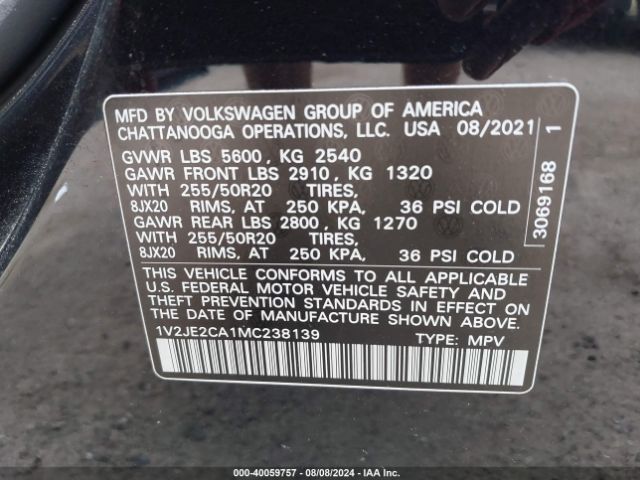 1V2JE2CA1MC238139 Volkswagen Atlas Cross Sport 3.6l V6 Se W/technology