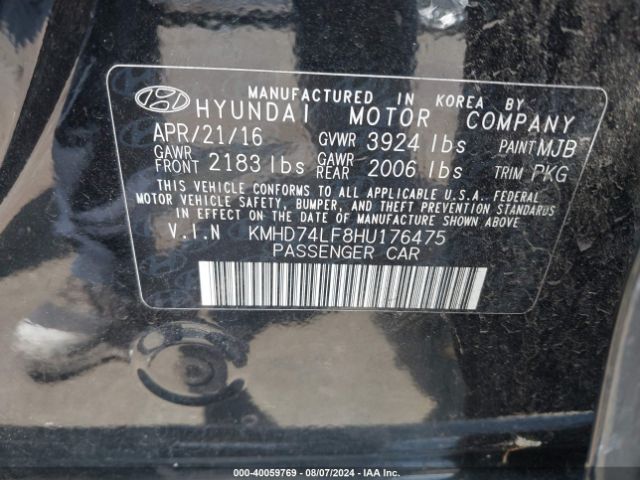 KMHD74LF8HU176475 Hyundai ELANTRA SE
