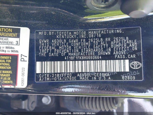 Toyota CAMRY SE 2017 4T1BF1FK8HU660664 Image 9