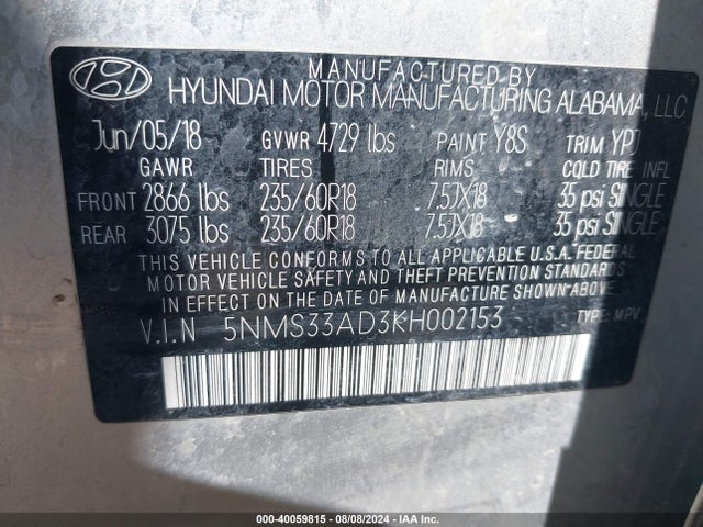 5NMS33AD3KH002153 Hyundai Santa Fe Sel Plus