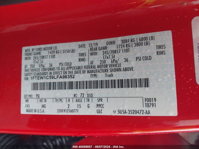 Ford F-150 Xlt 2020 1FTEW1C59LFA98352 Image 9