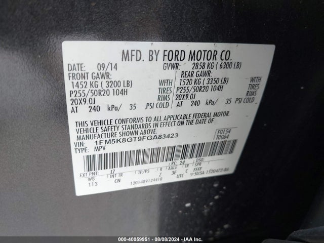 Ford EXPLORER SPORT 2015 1FM5K8GT9FGA83423 Image 9