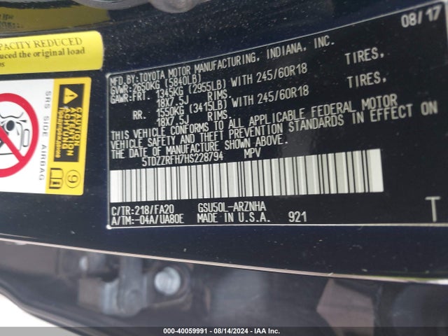 Toyota Highlander Le Plus 2017 5TDZZRFH7HS228794 Image 9